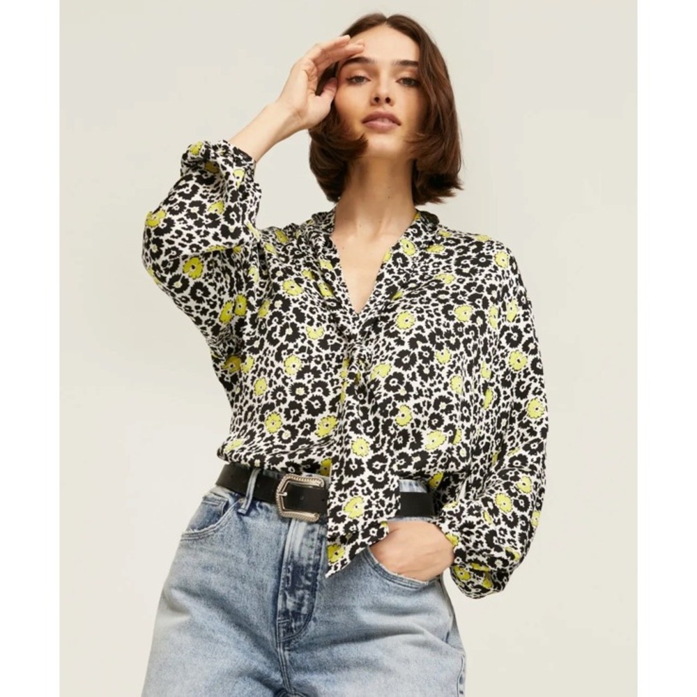 The Kooples Floral Top Tie Neck Blouse Yellow Black White Sz 6 US